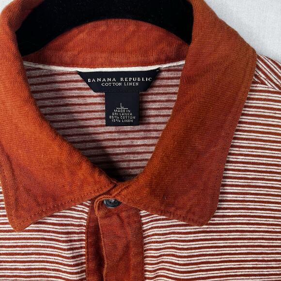 Banana Republic Cotton Linen SS Polo Men Sz L Burnt Orange Stripped Summer - Picture 3 of 11